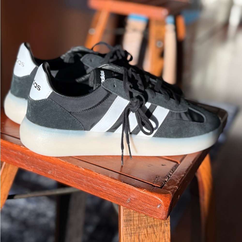 Adidas Men's Black and White Sneakers with Translucent Sole